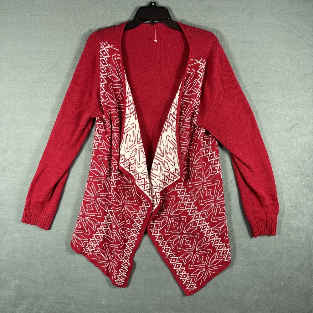 Women's Red‎ White Aztec Geometric Open Front Cardigan Sweater L/XL Cotton Blend